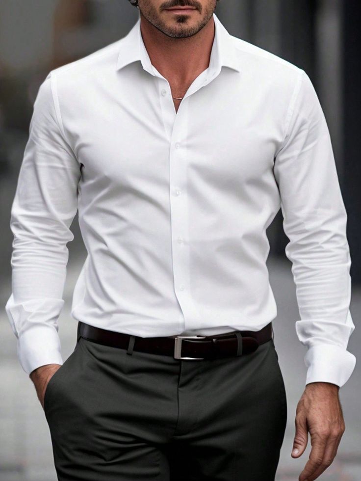 Men’s Plus Size Spring_Summer Solid Color Long Sleeve Daily Commute Casual Shirt